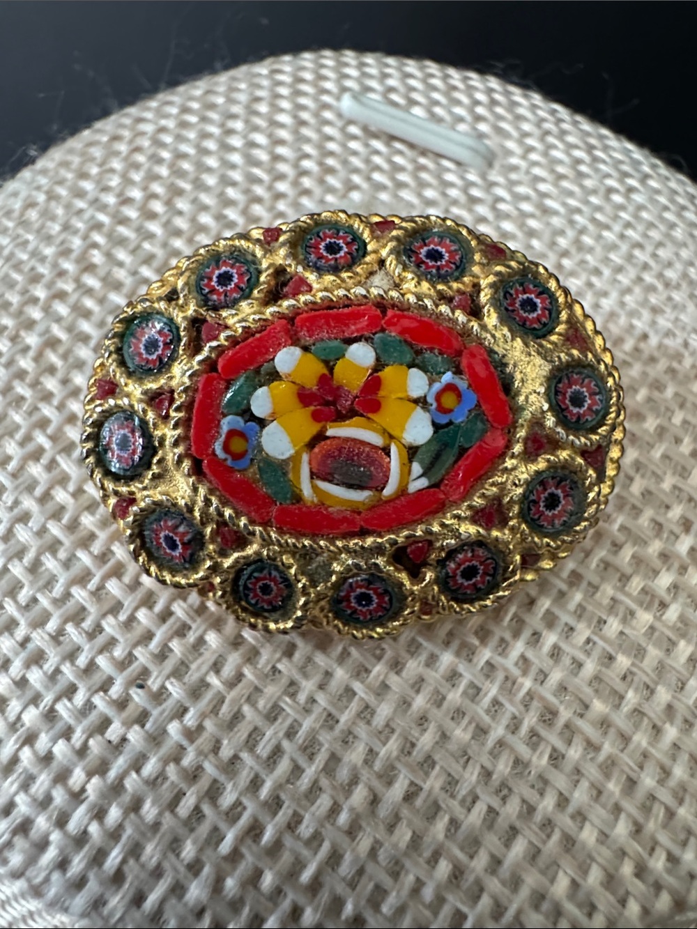 VTG Italian Micro Mosaic Floral Brooch Mid Century Millefiori Pin Gold Tone